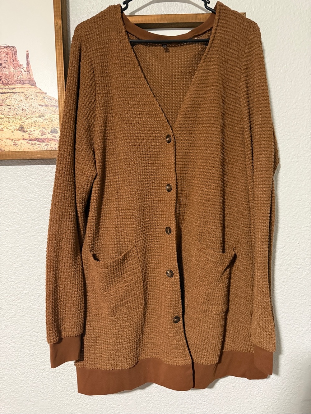Women’s 2X Chocolate Brown Grandpa Cardigan Long Textured Knit Sweater